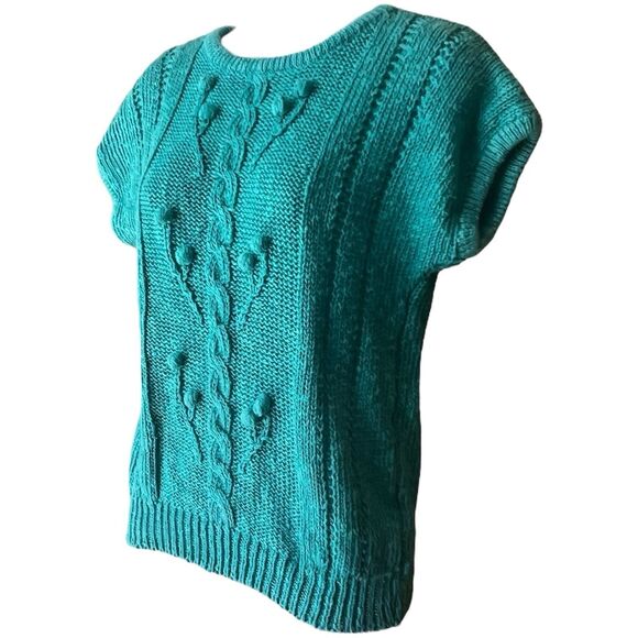 Vtg 80s KORET Turquoise Short Sleeve Pom Pom Cableknit Sweater Sz M Preppy Mom - Picture 2 of 15